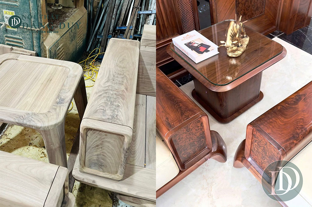 Thi công tay sofa gỗ óc chó