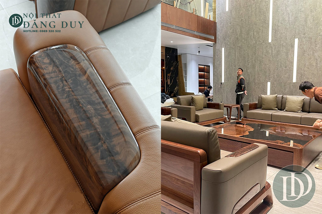 sofa gỗ óc chó bọc da